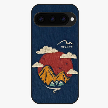 Dream Beyond Mountains Glass Case showing flat back view with scenic mountain landscape artwork and glossy glass finish.