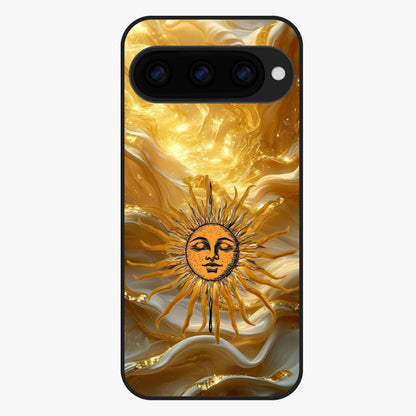 Eternal Golden Glow Glass Case showing flat back view with radiant golden themed artwork and glossy glass finish.