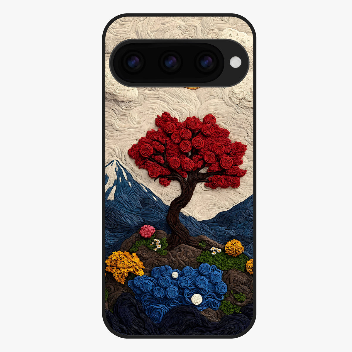 Eternal Nature Tapestry Glass Case showing flat back view with intricate nature tapestry artwork and glossy glass finish.