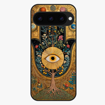 Ethereal Evil Eye Glass Case showing flat back view with mystical evil eye artwork and glossy glass finish.