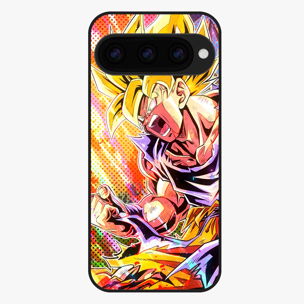 Firing Goku Glass Case showing flat back view with powerful anime inspired artwork and glossy glass finish.