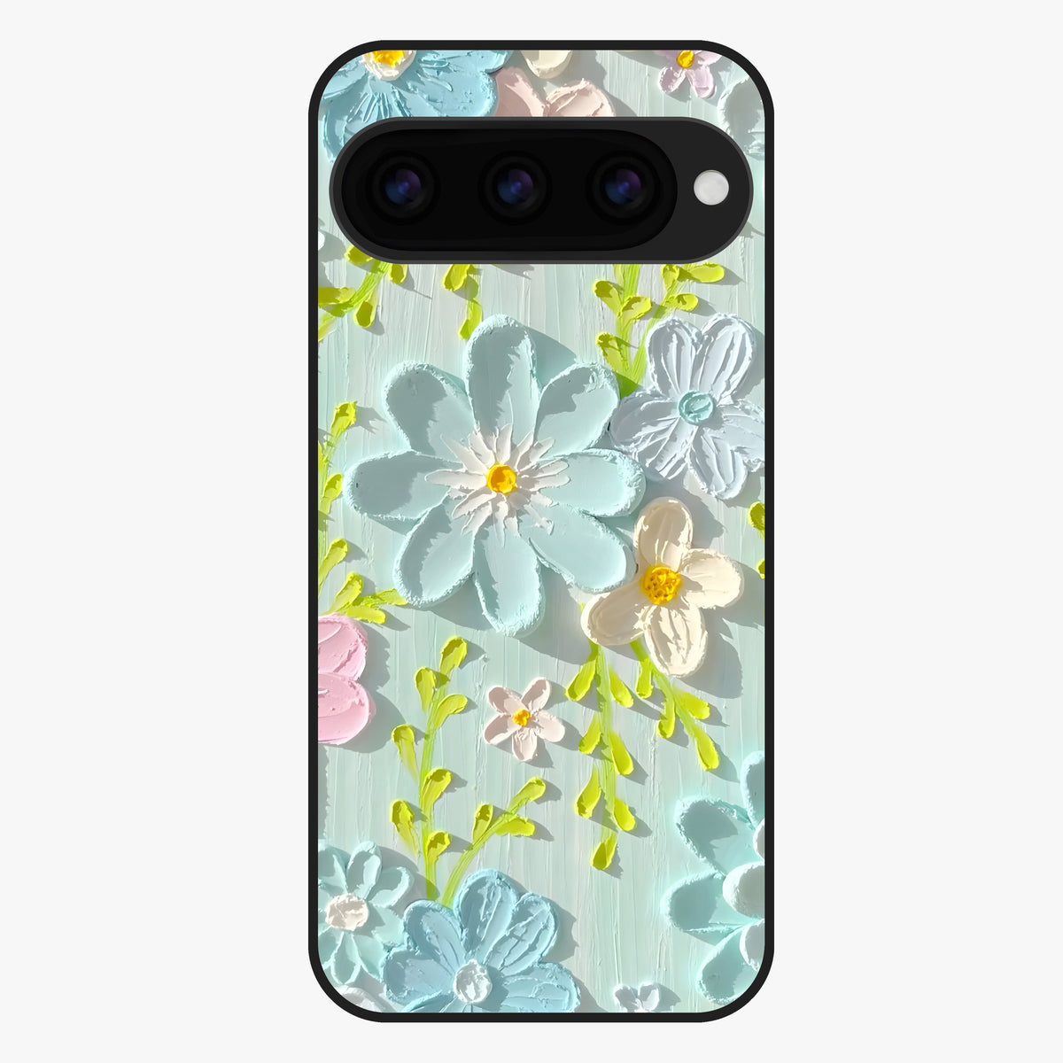 Frosted Petal Garden Glass Case showing flat back view with soft frosted floral artwork and glossy glass finish.