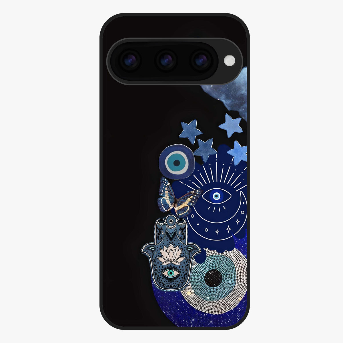 Galactic Charm Cluster Glass Case showing flat back view with glowing celestial charm artwork and glossy glass finish.