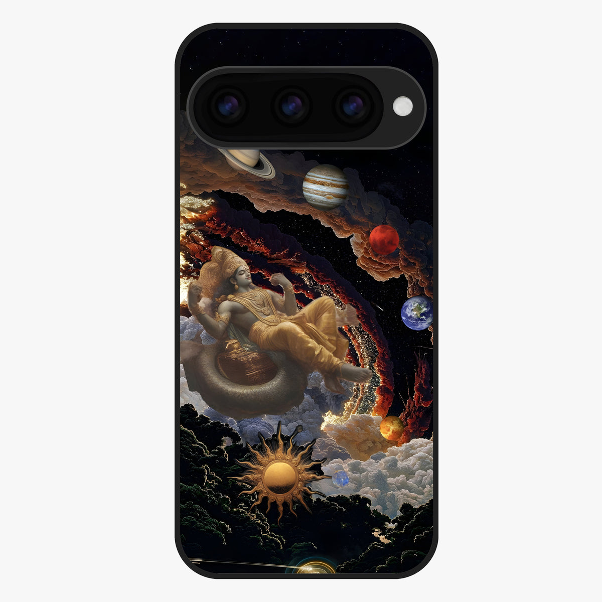 Galactic Divine God Glass Case showing flat back view with divine cosmic themed artwork and glossy glass finish.