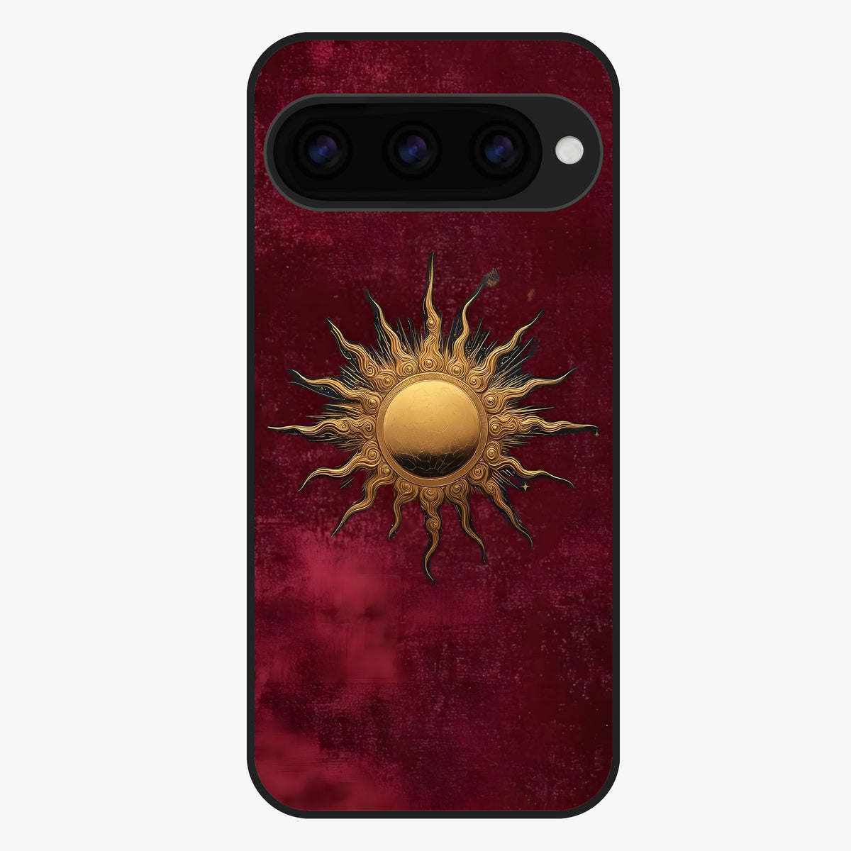 Gold Sun Blush Glass Case showing flat back view with golden sun inspired artwork and glossy glass finish.