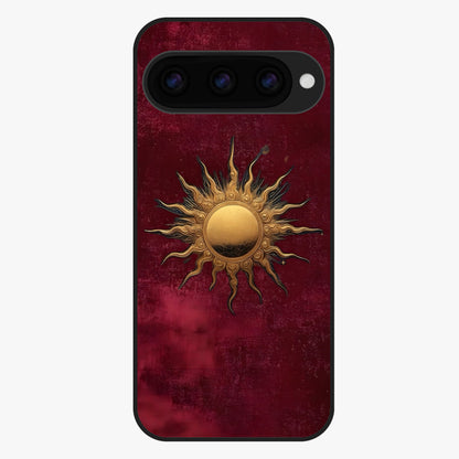 Gold Sun Blush Glass Case showing flat back view with golden sun inspired artwork and glossy glass finish.