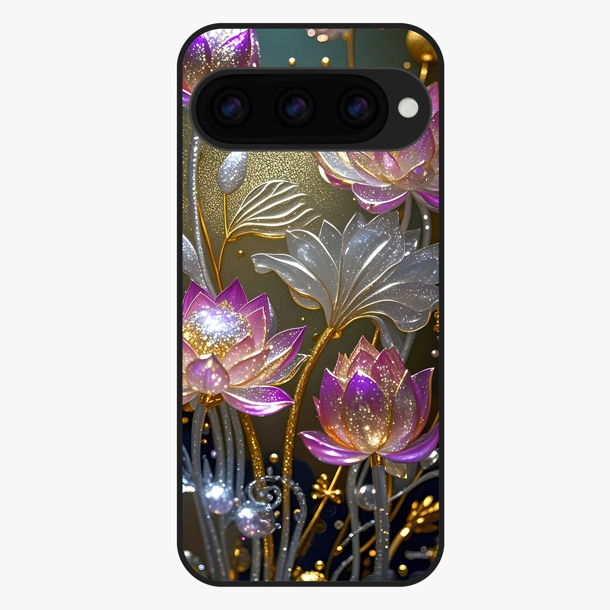 Golden Lotus Glow Glass Case showing flat back view with glowing lotus flower artwork and glossy glass finish.