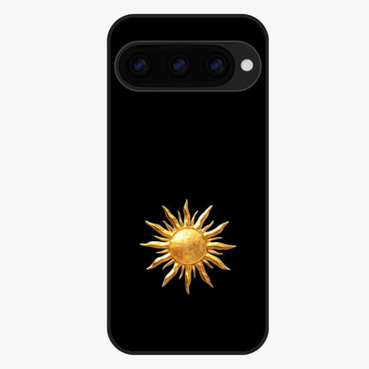 Golden Sun Minimalism Glass Case showing flat back view with minimal golden sun artwork and glossy glass finish.