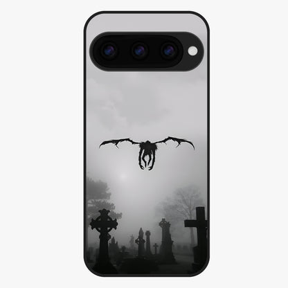Graveyard Shadow Descent Glass Case showing flat back view with dark graveyard themed artwork and glossy glass finish.