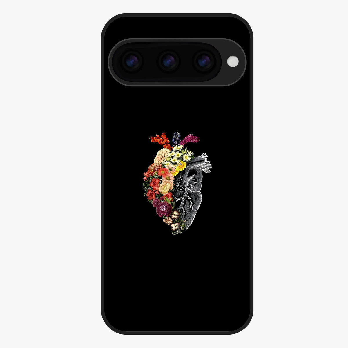 Heart With Flowers Glass Case showing flat back view with heart shaped floral artwork and glossy glass finish.