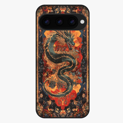 Inferno Dragon Soul Glass Case showing flat back view with fiery dragon artwork and glossy glass finish.