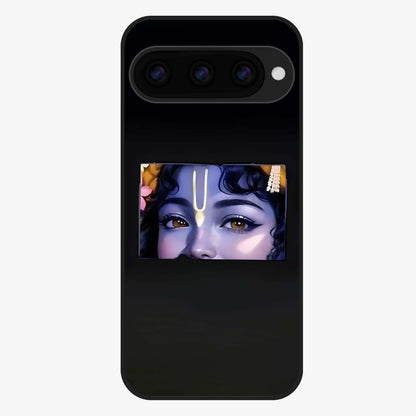 Krishna Divine Embrace Glass Case showing flat back view with Lord Krishna devotional artwork and glossy glass finish.