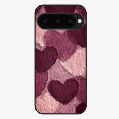 Layered Paper Hearts Glass Case showing flat back view with layered paper heart artwork and glossy glass finish.