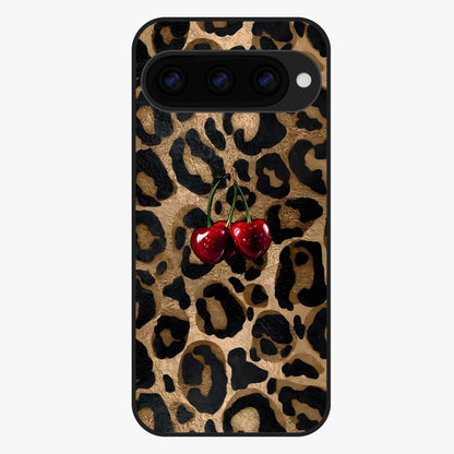 Leopard Wild Cherry Glass Case showing flat back view with leopard pattern and cherry artwork and glossy glass finish.