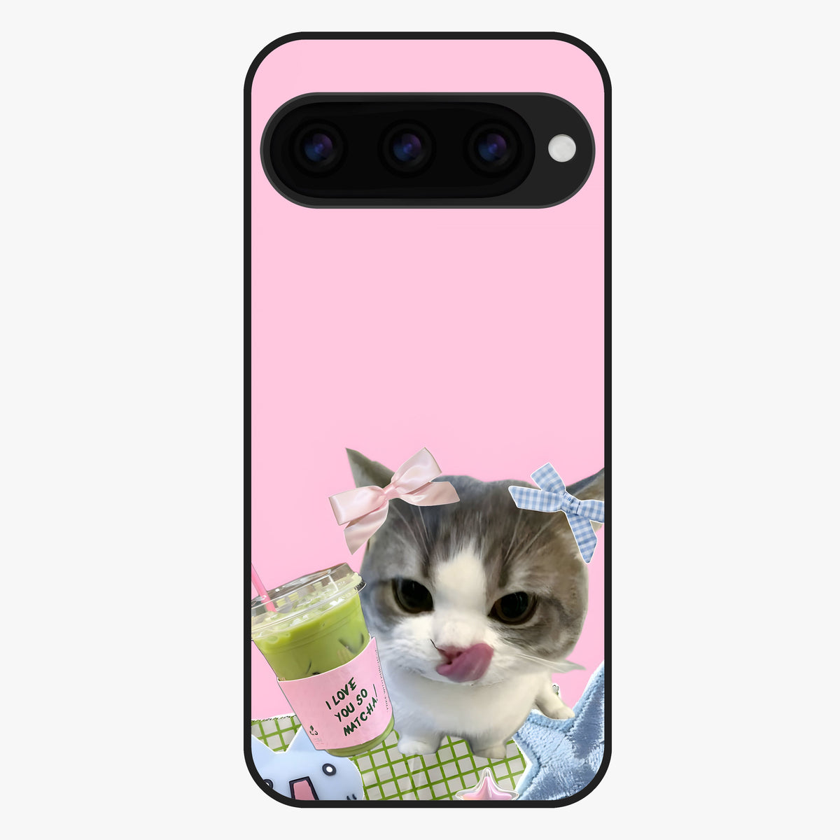 Love Matcha Cat Glass Case showing flat back view with cute cat and matcha themed artwork and glossy glass finish.