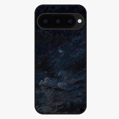 Lunar Veil Silence Glass Case showing flat back view with mystical moon veil artwork and glossy glass finish.