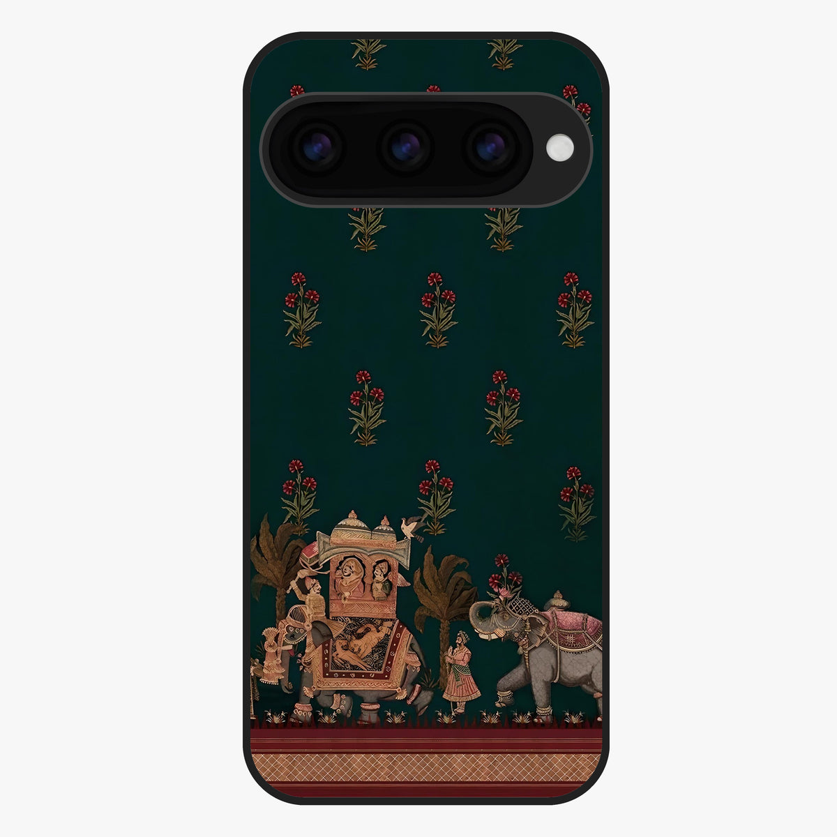 Macmerise Glass Case showing flat back view with stylish modern artwork and glossy glass finish.