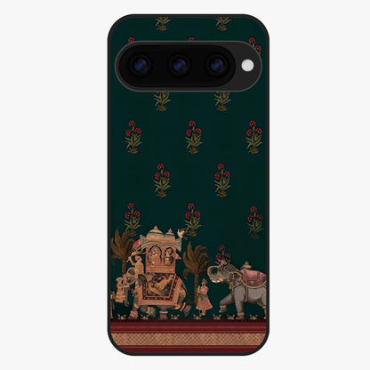 Macmerise Glass Case showing flat back view with stylish modern artwork and glossy glass finish.