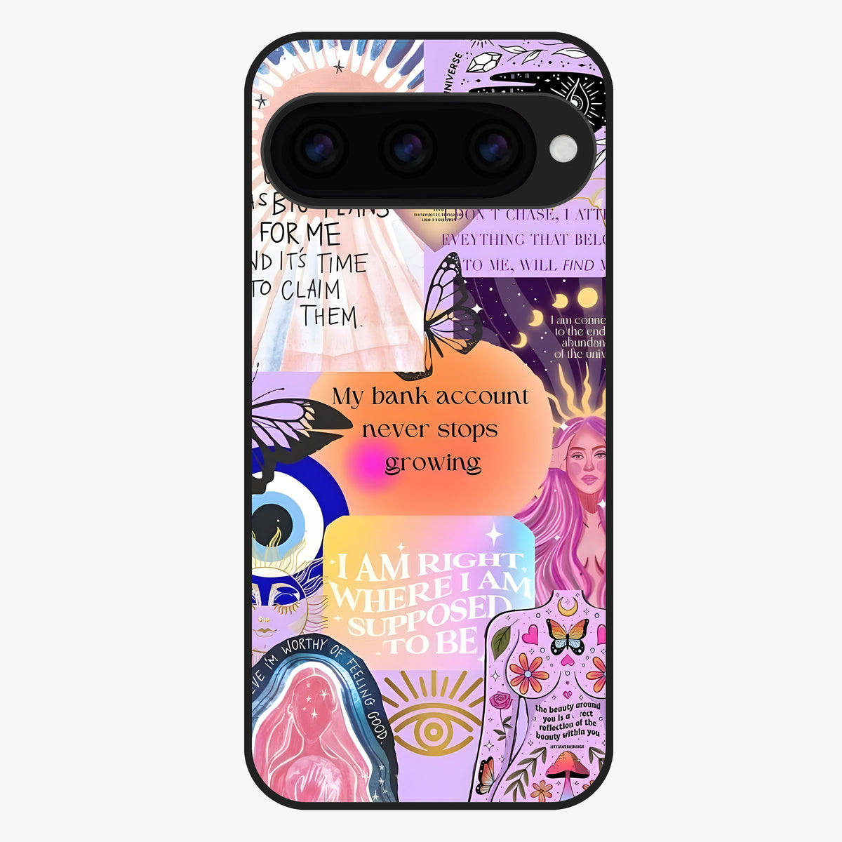 Manifestation Collage Glass Case showing flat back view with motivational collage artwork and glossy glass finish.