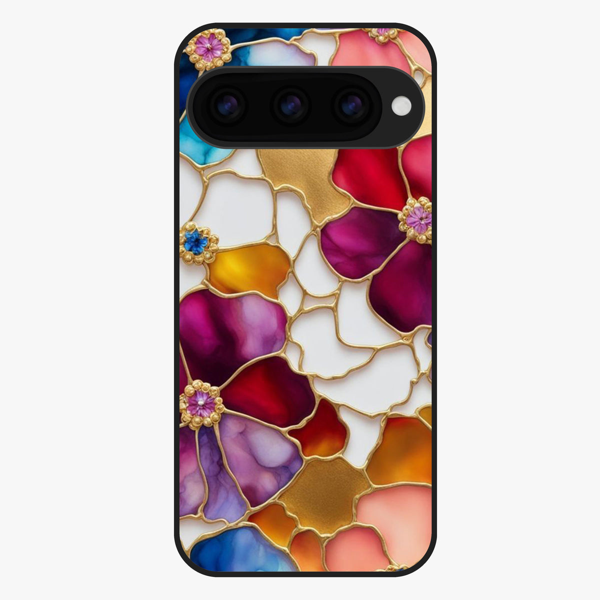 Marble Flower Pattern Glass Case showing flat back view with marble texture floral artwork and glossy glass finish.