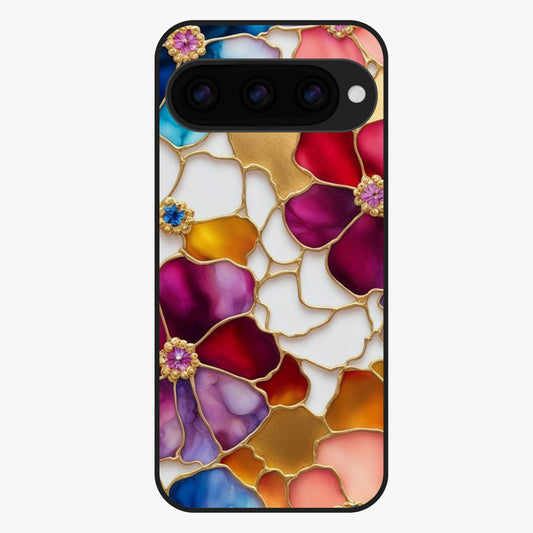 Marble Flower Pattern Glass Case showing flat back view with marble texture floral artwork and glossy glass finish.