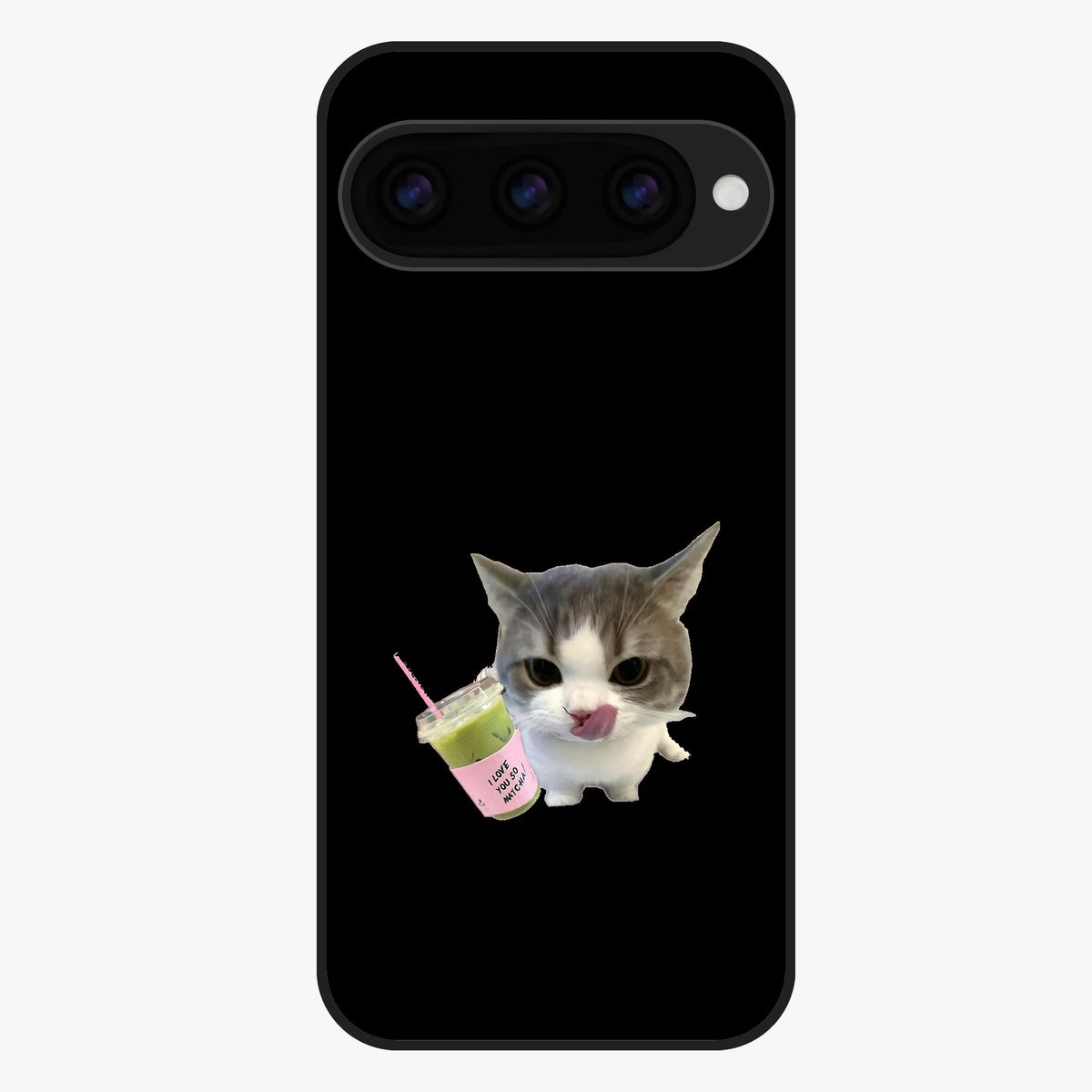 Matcha Cat Style Glass Case showing flat back view with cute matcha themed cat artwork and glossy glass finish.
