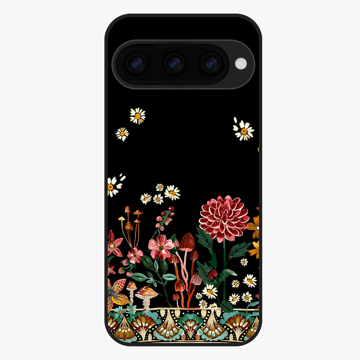 Midnight Bloom Pattern Glass Case showing flat back view with dark floral pattern artwork and glossy glass finish.
