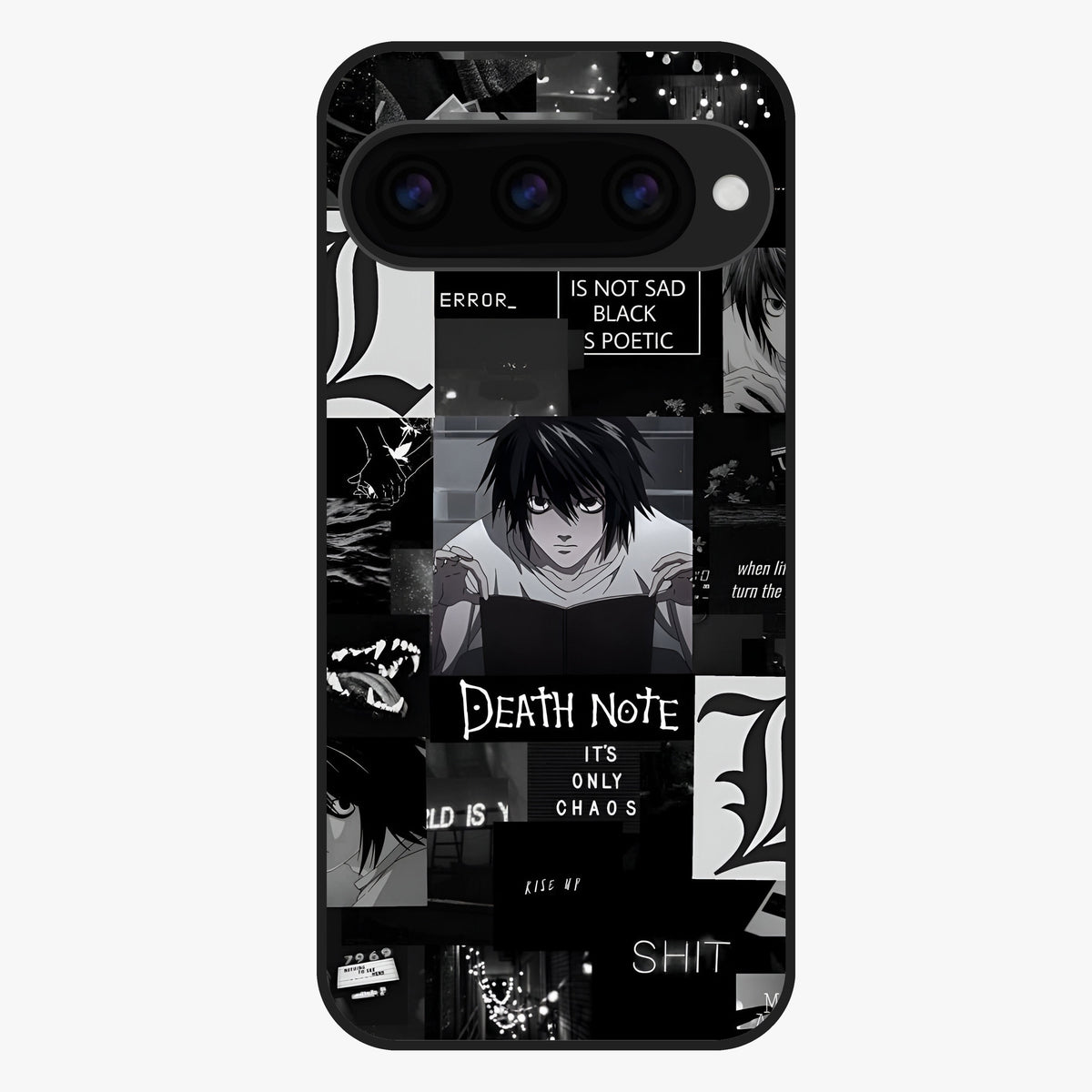Midnight Chaos Mind Glass Case showing flat back view with abstract dark themed artwork and glossy glass finish.