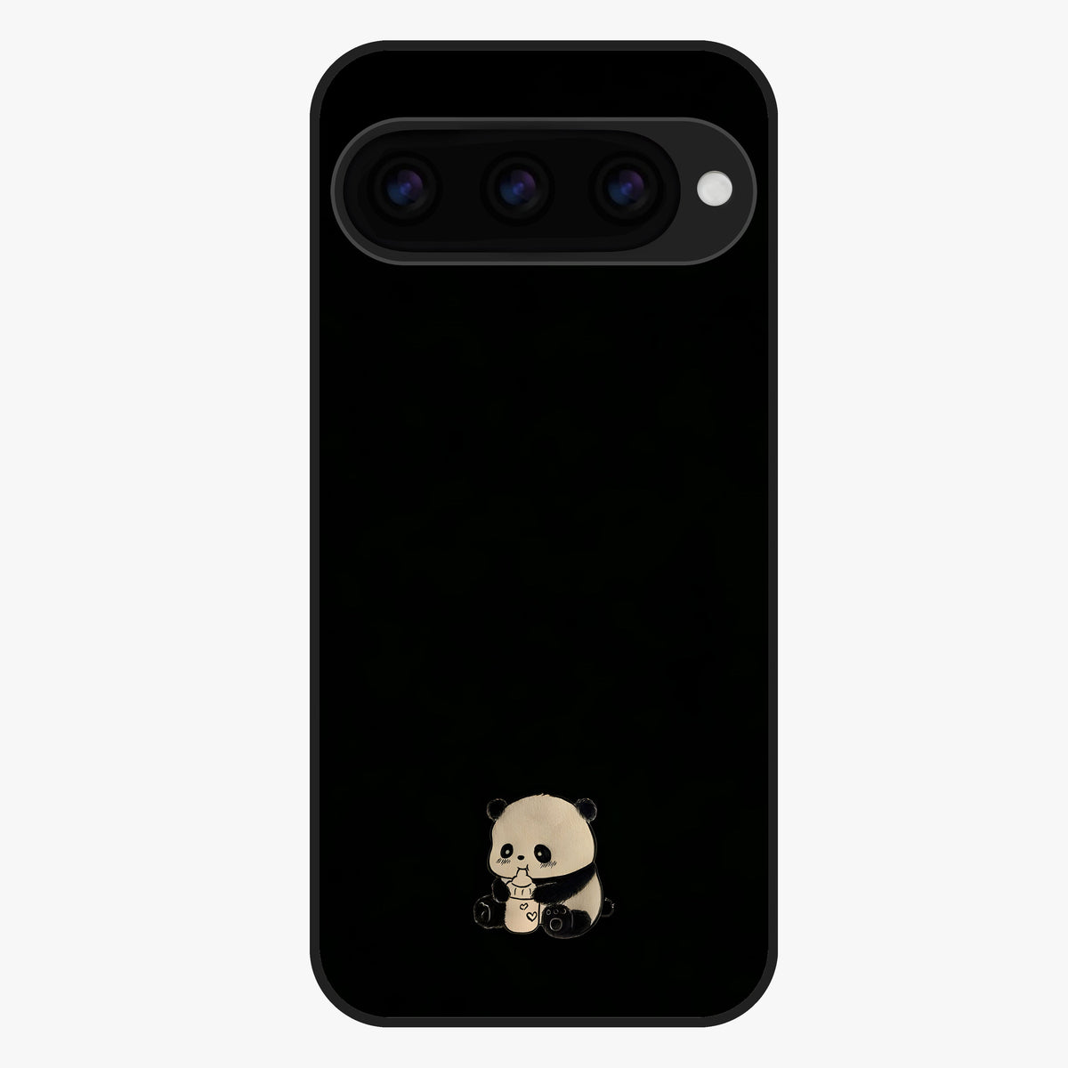 Midnight Panda Love Glass Case showing flat back view with cute panda themed artwork and glossy glass finish.