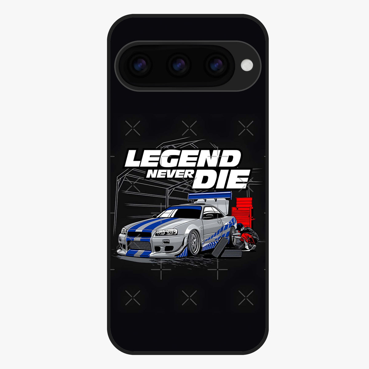 Midnight Racing Legacy Glass Case showing flat back view with sleek racing inspired artwork and glossy glass finish.