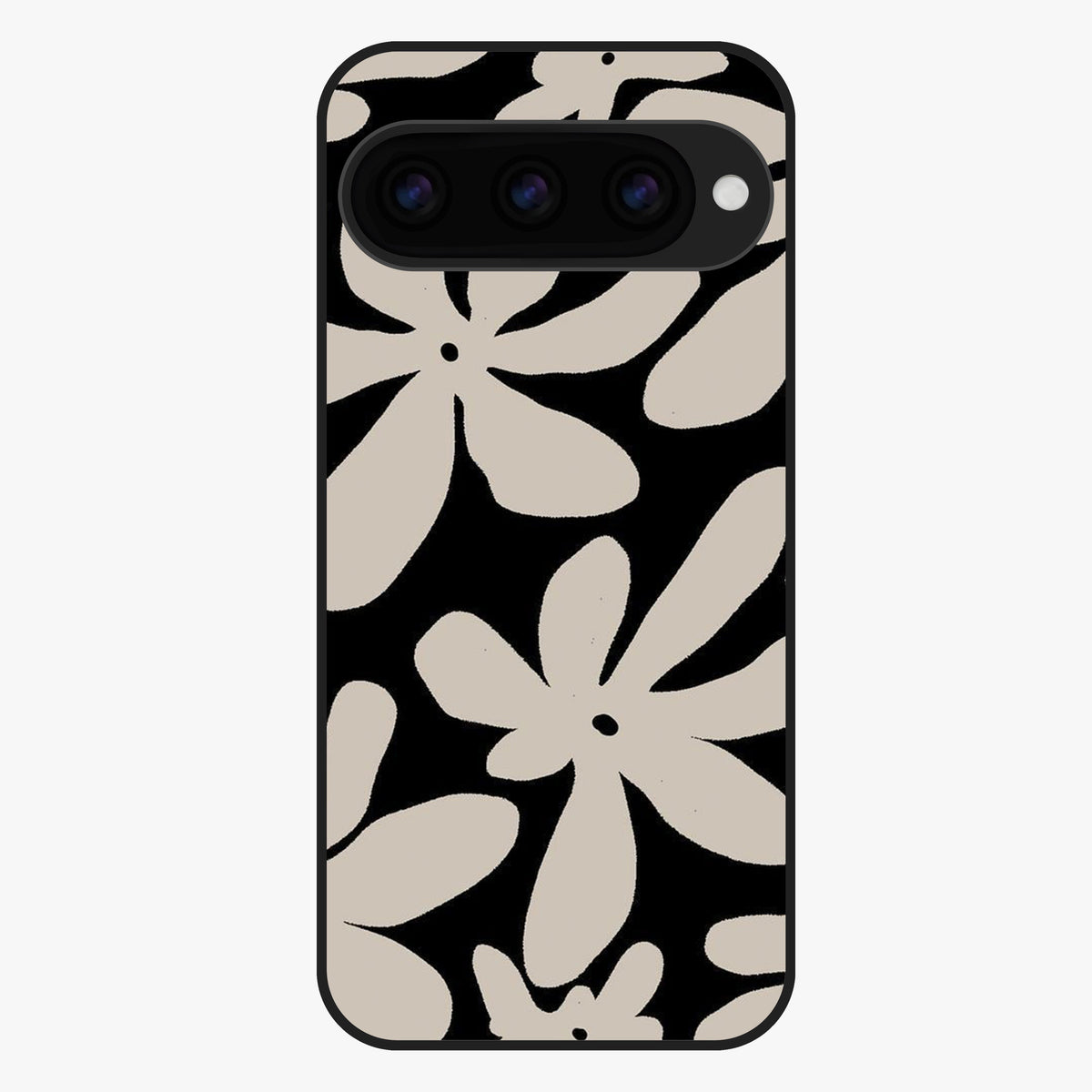 Monochrome Petal Dance Glass Case showing flat back view with monochrome floral artwork and glossy glass finish.