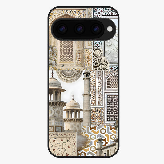 Mughal Marble Legacy Glass Case showing flat back view with intricate Mughal inspired marble pattern and glossy glass finish.