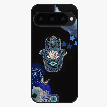 Mystic Hand Aura Glass Case showing flat back view with mystical hand symbol artwork and glossy glass finish.