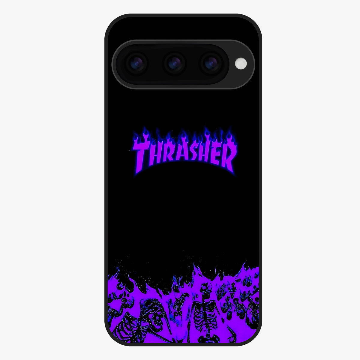 Neon Flame Riot Glass Case showing flat back view with neon flame artwork and glossy glass finish.