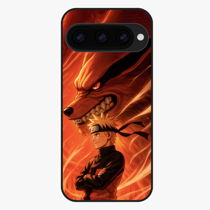Nine Tails Legacy Glass Case showing flat back view with powerful nine-tailed fox inspired artwork and glossy glass finish.
