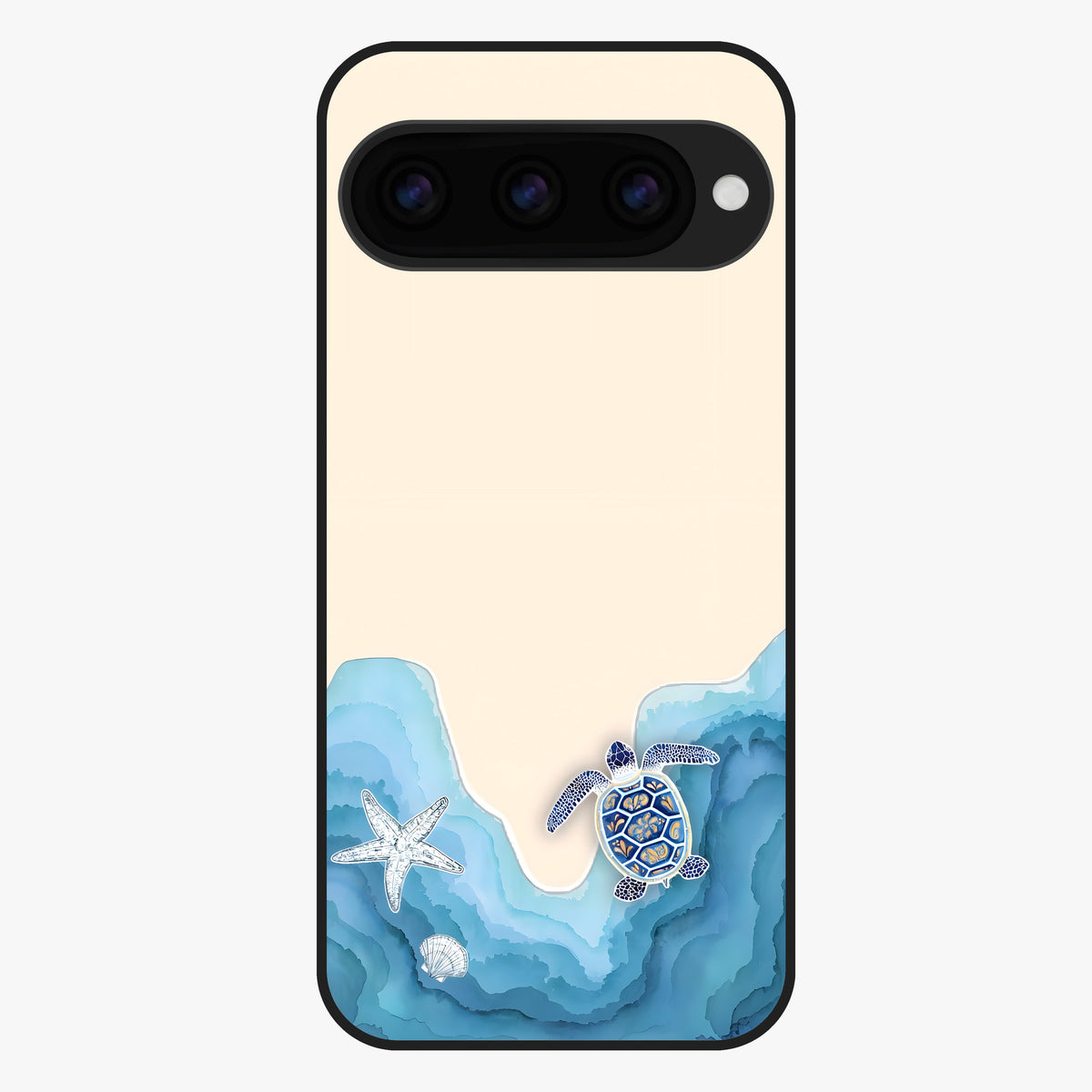 Ocean Drift Turtle Glass Case showing flat back view with sea turtle artwork and glossy glass finish.