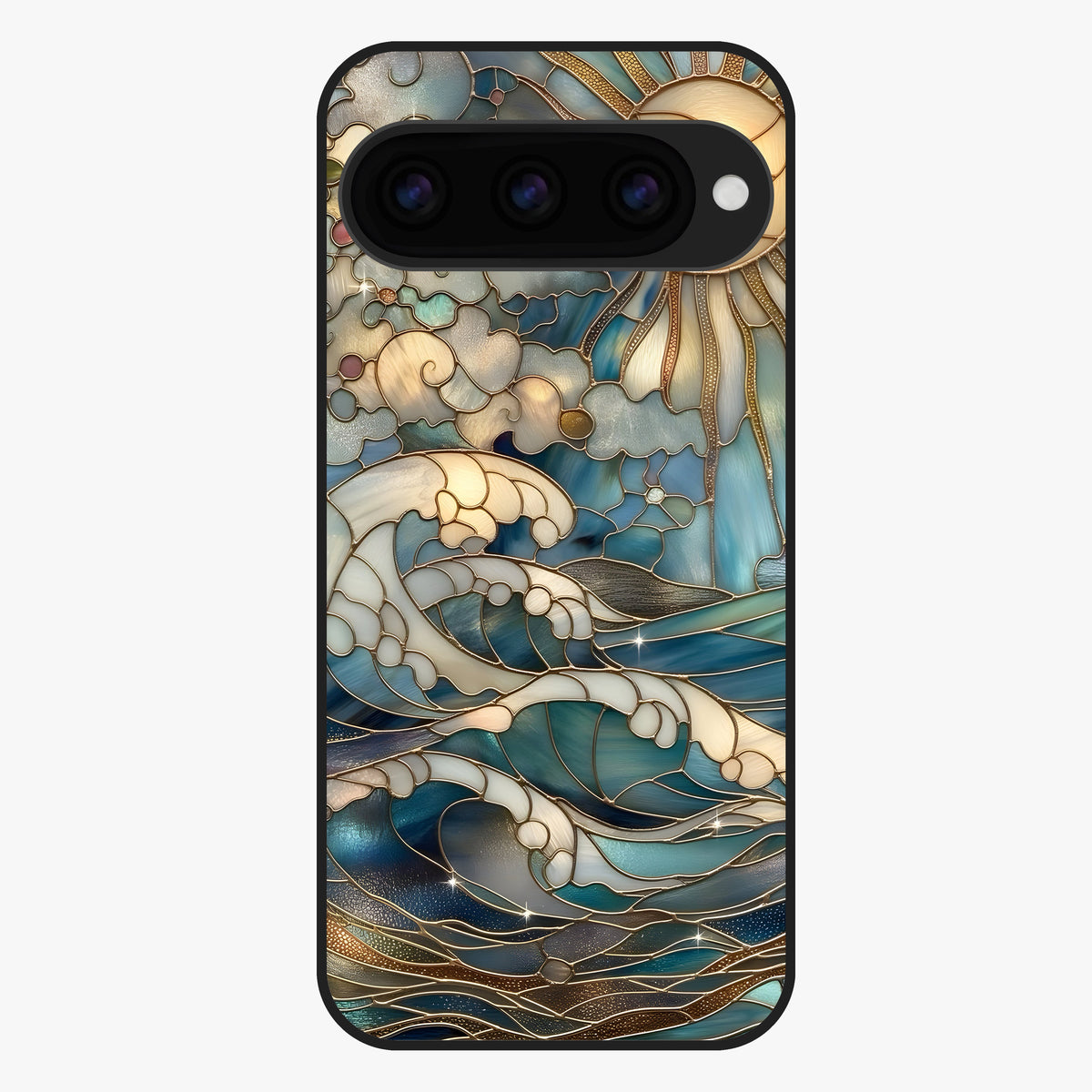 Oceanic Stained Printed Glass Case showing flat back view with ocean inspired stained pattern artwork and glossy glass finish.