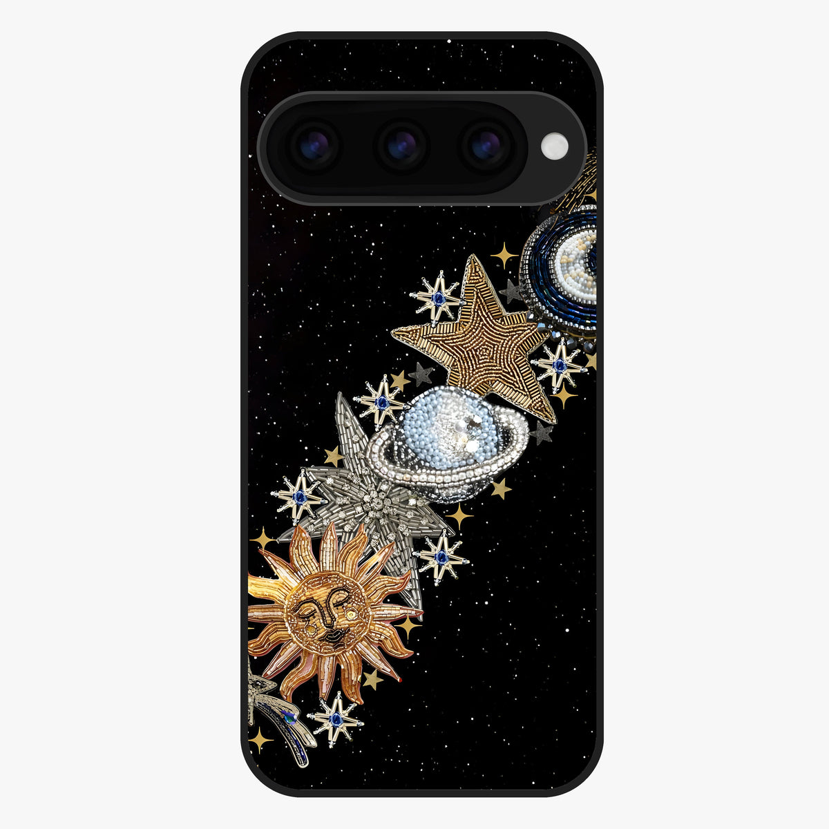 Pearls Universe Object Glass Case showing flat back view with pearl inspired cosmic artwork and glossy glass finish.