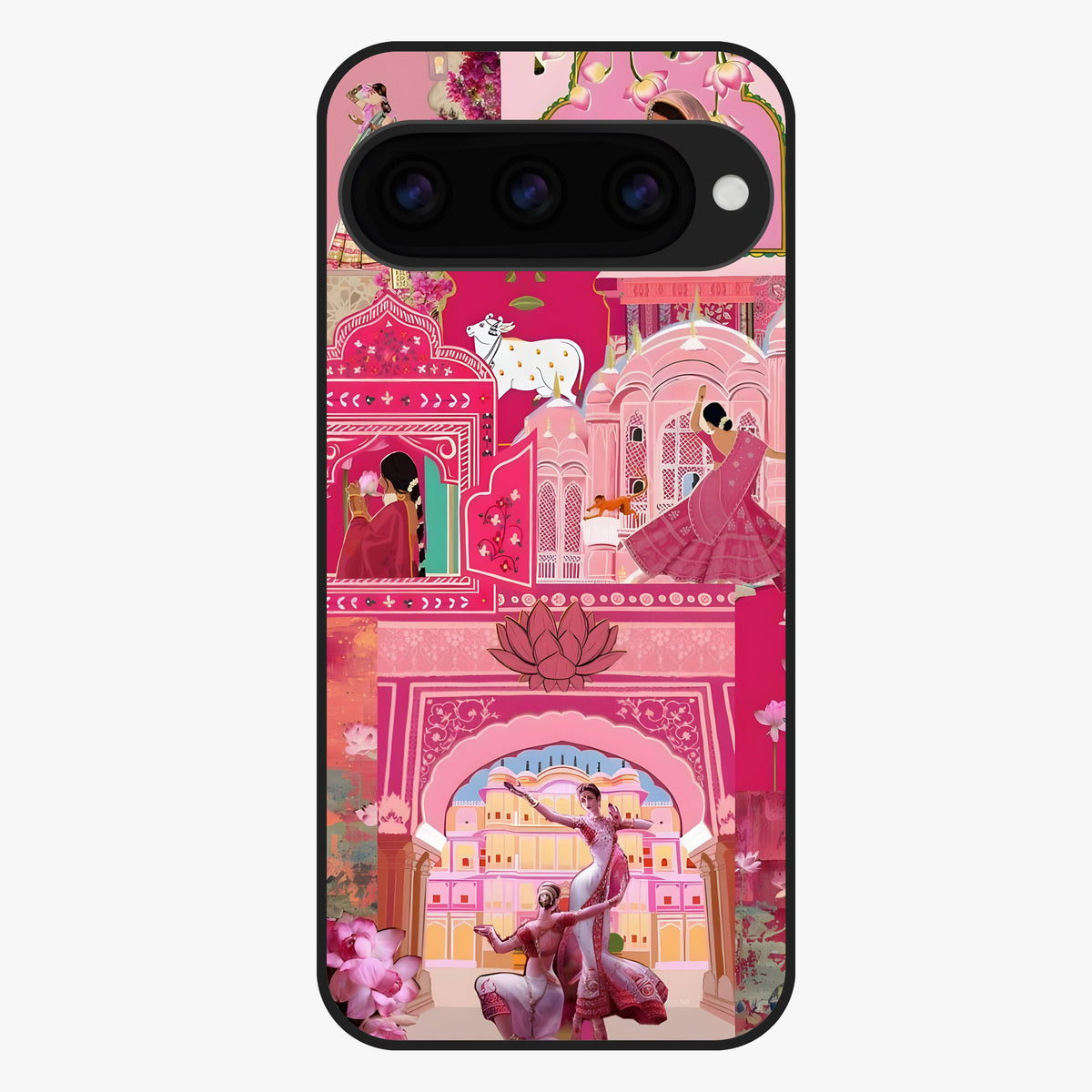 Pink Palace Muse Glass Case showing flat back view with elegant palace inspired artwork and glossy glass finish.