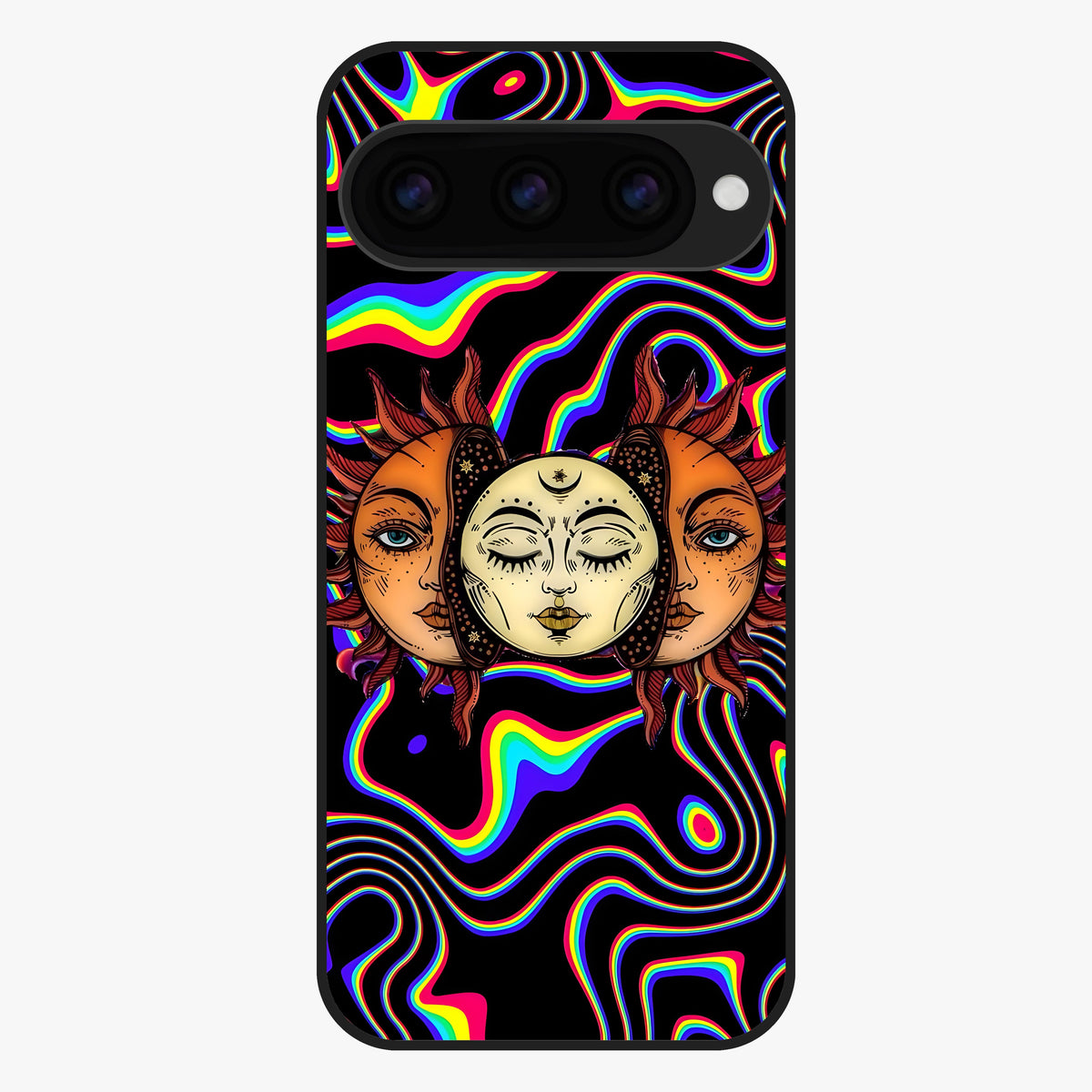 Psychedelic Sun Glass Case showing flat back view with colorful psychedelic sun artwork and glossy glass finish.