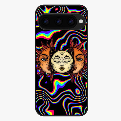 Psychedelic Sun Glass Case showing flat back view with colorful psychedelic sun artwork and glossy glass finish.