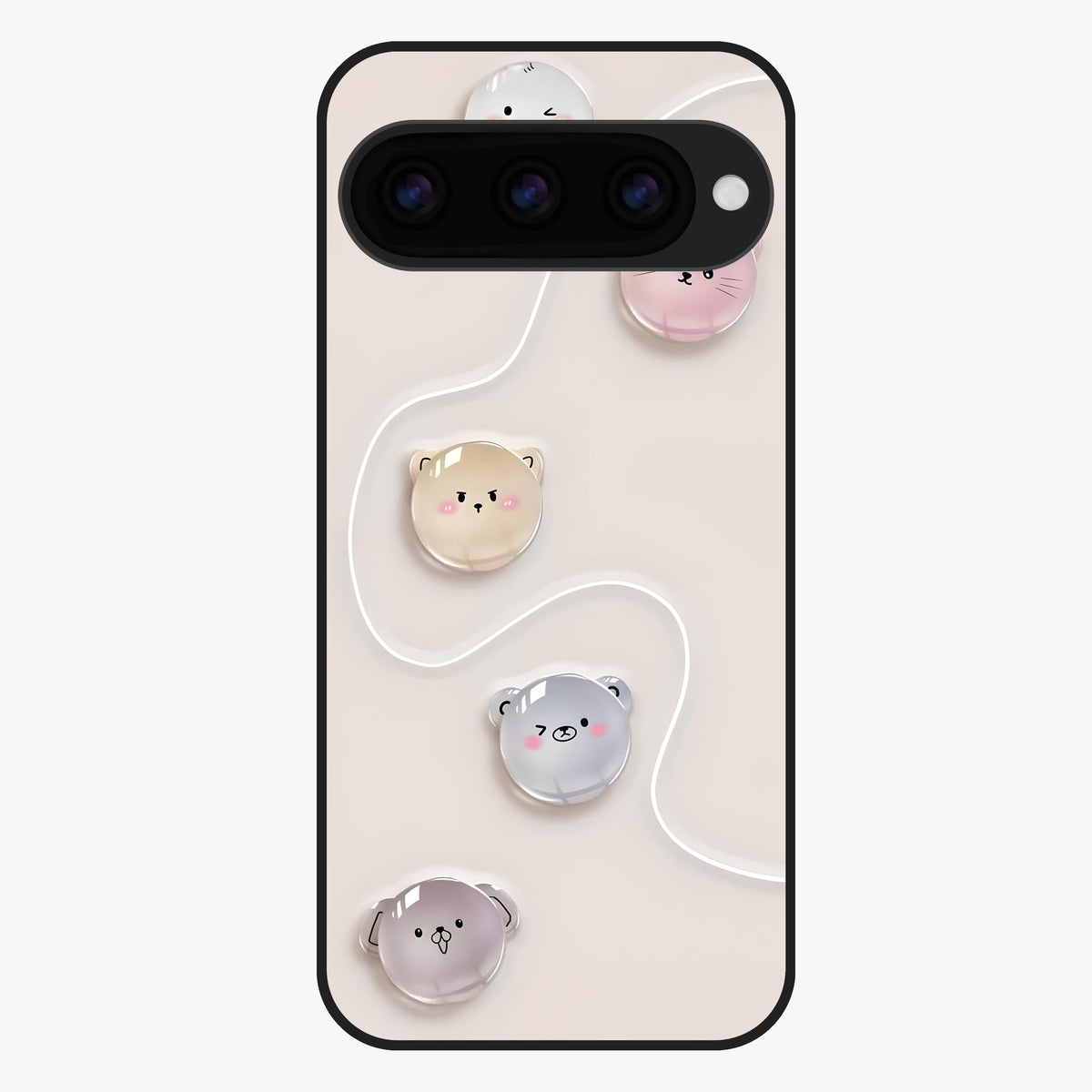 Puffy Face Parade Glass Case showing flat back view with cute puffy character faces artwork and glossy glass finish.