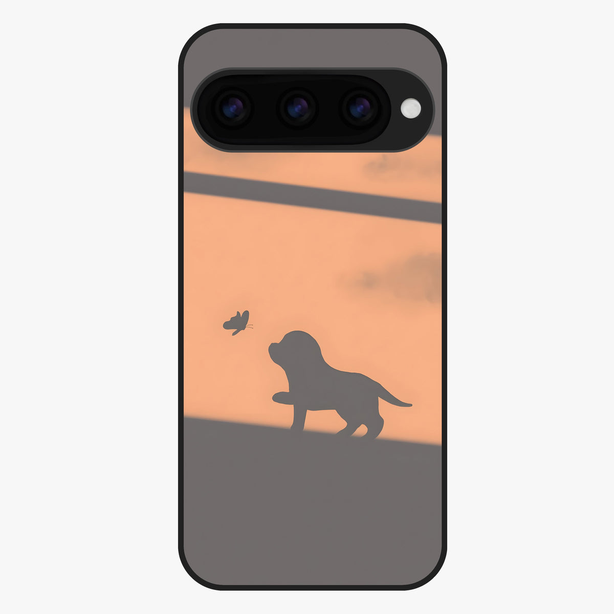 Puppy Shadow Art Glass Case showing flat back view with cute puppy shadow style artwork and glossy glass finish.