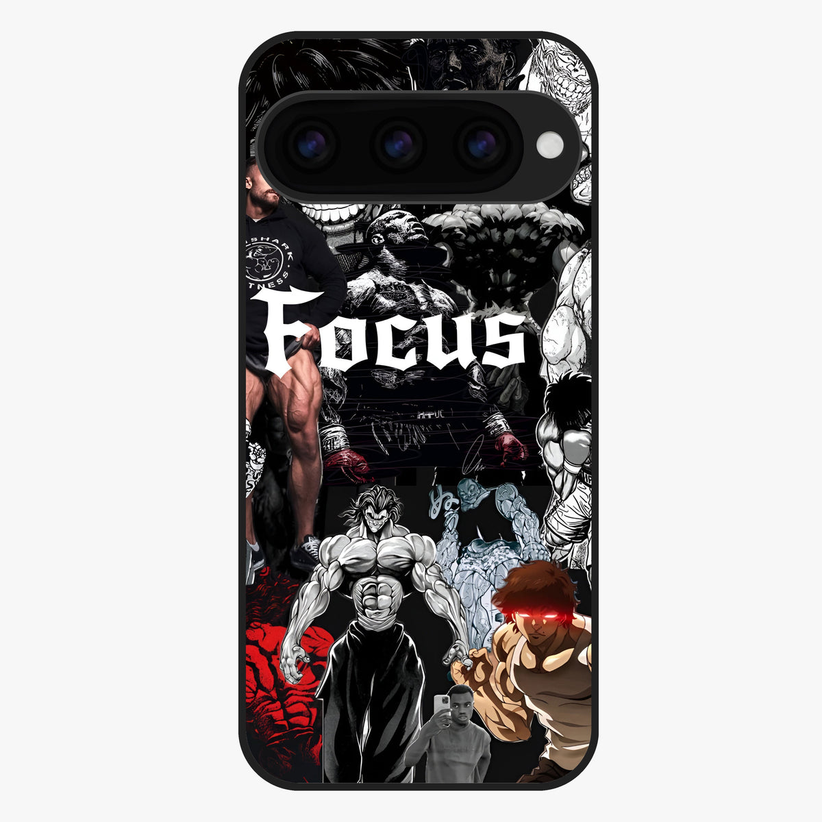 Relentless Power Focus Glass Case showing flat back view with motivational typography artwork and glossy glass finish.