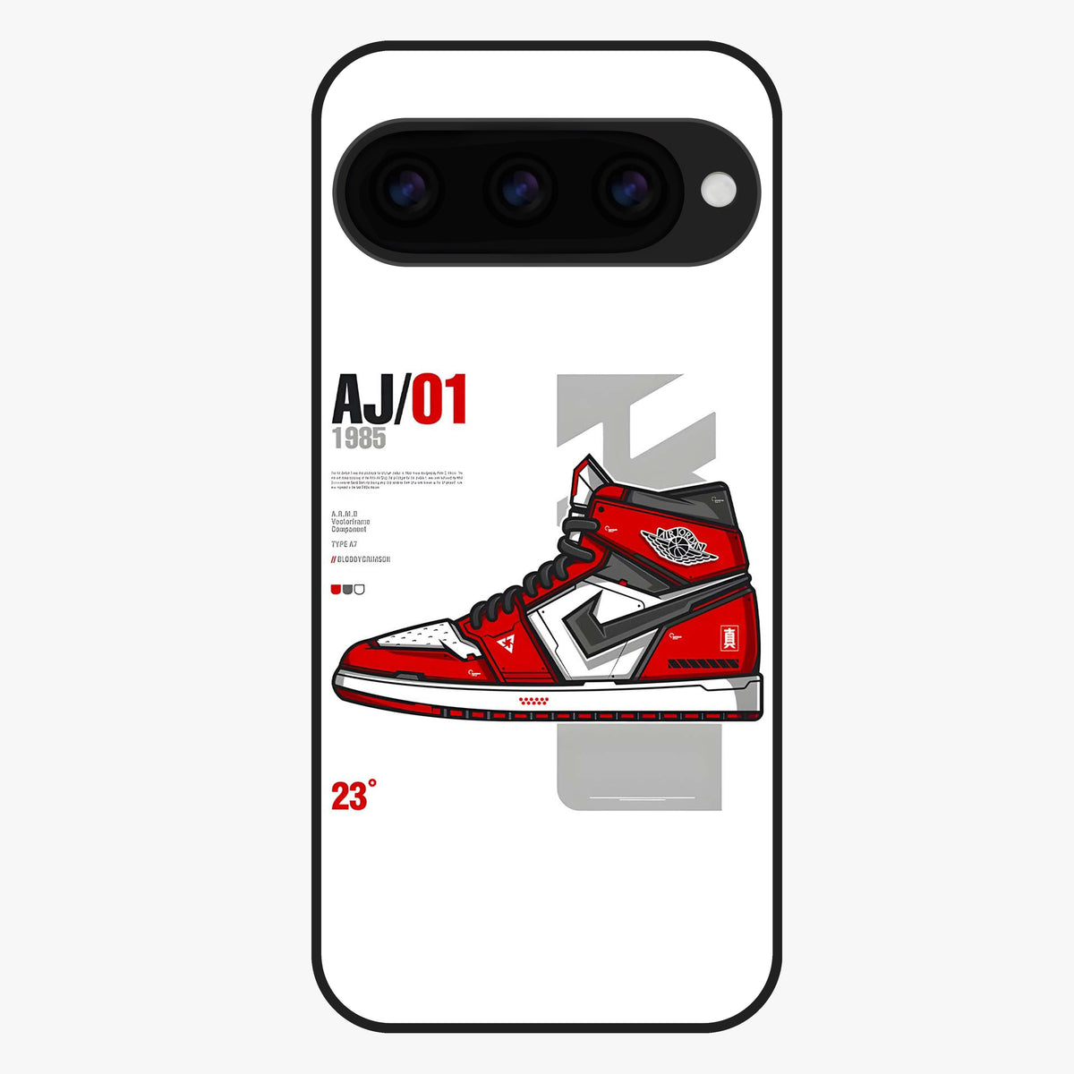 Retro Sneaker Blueprint Glass Case showing flat back view with sneaker blueprint style artwork and glossy glass finish.
