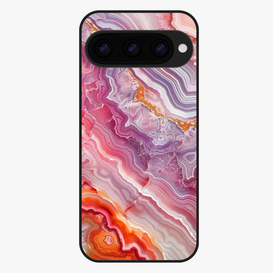 Rose Quartz Marble Glass Case showing flat back view with pink marble quartz texture artwork and glossy glass finish.