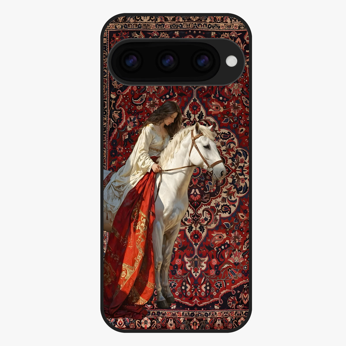 Royal Rider Tapestry Glass Case showing flat back view with majestic horse rider tapestry artwork and glossy glass finish.