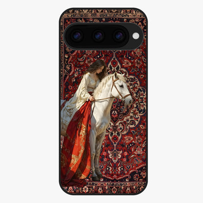 Royal Rider Tapestry Glass Case showing flat back view with majestic horse rider tapestry artwork and glossy glass finish.