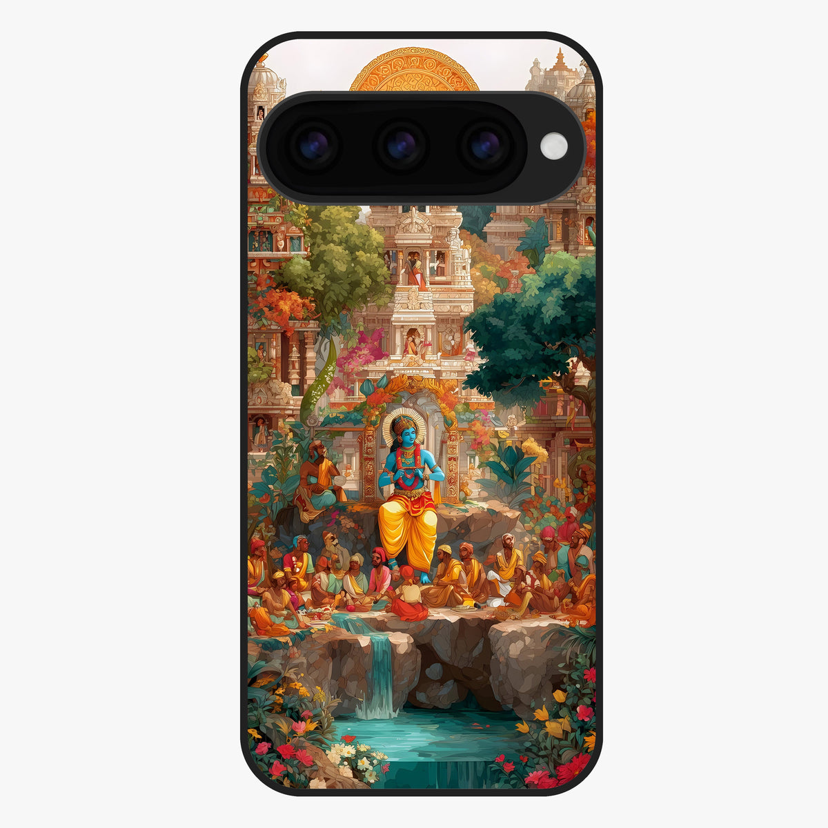 Sacred Sunlight Gods Glass Case showing flat back view with divine sunlight themed artwork and glossy glass finish.