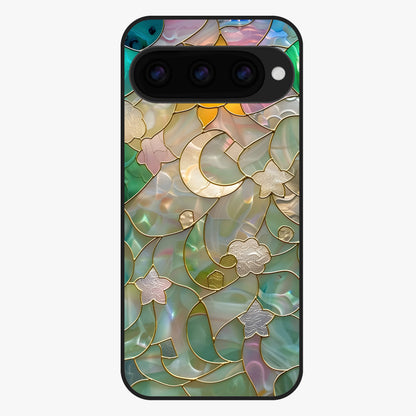 Stained Sunrise Glow Glass Case showing flat back view with glowing sunrise stained pattern artwork and glossy glass finish.